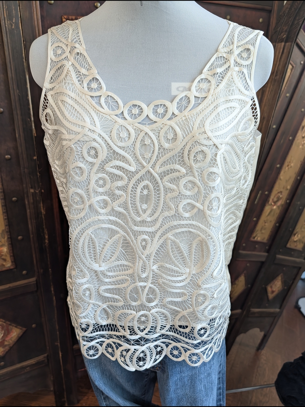 Soulmates Silk Cream Hand Crocheted Lace Overlay Tank Top Camisole Embroidered